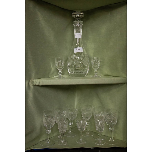 132 - WATERFORD DECANTER, 3 + 1  LIQUEUR GLASSES + 6 CUT GLASS SHERRY GLASSES