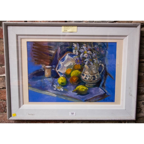 133 - Liam Treacy (1934-2004). 
STILL LIFE, JUG WITH FLOWERS. 
OIL ON CANVAS BOARD. 
SIGNED. 32 X 56CM