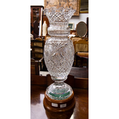 141 - SUPERB WATERFORD CRYSTAL MASTER CUTTERS TROPHY ON TIMBER BASE. TOTAL HEIGHT 59CM