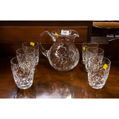 142 - WATERFORD CRYSTAL WATER JUG + 6 TUMBLERS ( CHIP ON ONE GLASS)