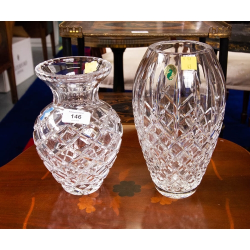 146 - WATERFORD VASE 24CM HIGH + CUT GLASS VASE