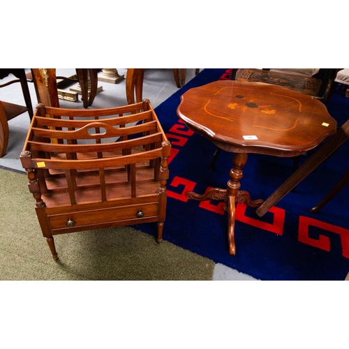 147 - SHAPED TOP INLAID TABLE + MAGAZINE RACK