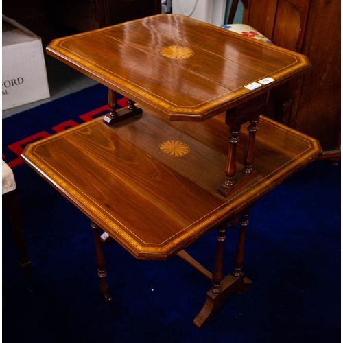 153 - EDWARDIAN MAHOGANY INLAID 2 TIER OCCASIONAL TABLE. 77CM HIGH