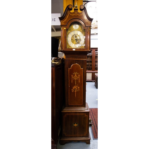 155 - INLAID MAHOGANY GRANDFATHER CLOCK WITH BRASS FACE. 237 CM HIGH