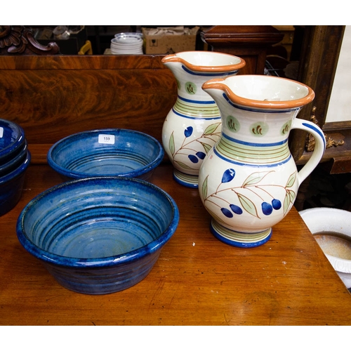 159 - PAIR OF BLUE GLAZED POTTERY BOWLS 25CM DIAM + 2 JUGS