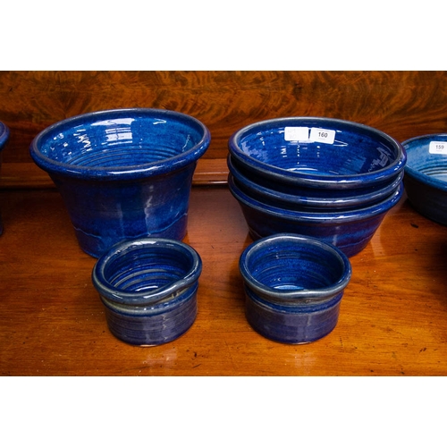 160 - 3 BLUE GLAZED POTTERY BOWLS 25CM DIAM, ICE BUCKET 17H CM + 2 COASTERS