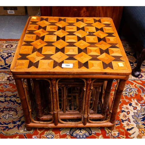 164 - 3 BAMBOO TABLES WITH MARQUETRY TOPS 43 X 43 X 38H CM