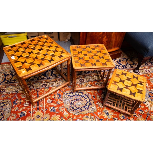 164 - 3 BAMBOO TABLES WITH MARQUETRY TOPS 43 X 43 X 38H CM