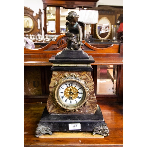 167 - MARBLE MANTLE CLOCK WITH CHERUB TOP - QUARTZ MOVEMENT 38H CM