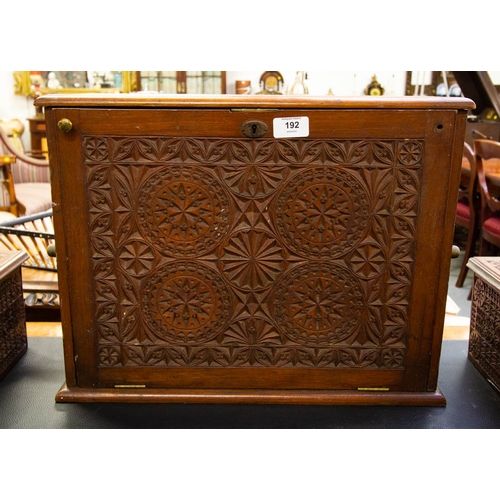 192 - PAIR OF CARVED WOOD BOXES + CARVED DROP FRONT STATIONARY BOX