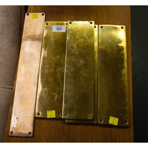 202 - 4 BRASS DOOR PLATES 7 X 27H CM + 1 6 X 35H CM