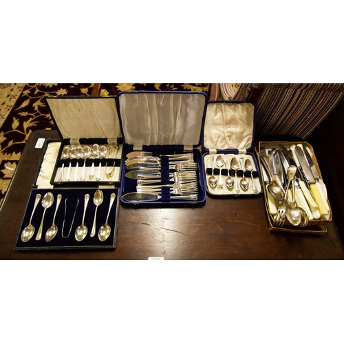 216 - 4 SET OF SILVER PLATED CUTLERY + ASSORTED KNIVES