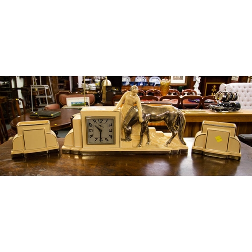 218 - 3 PIECE ART DECO STYLE CLOCK SET WITH HORSE 48W X 25H CM