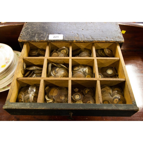 221 - ANTIQUE WATCHMAKERS CABINET FILLED WITH WATCH GLASSES 29 X 29 X 33H CM