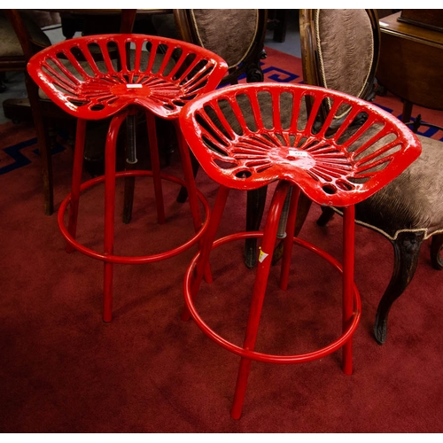 223 - PAIR OF RED PAINTED TRACTOR SEAT HIGH STOOL