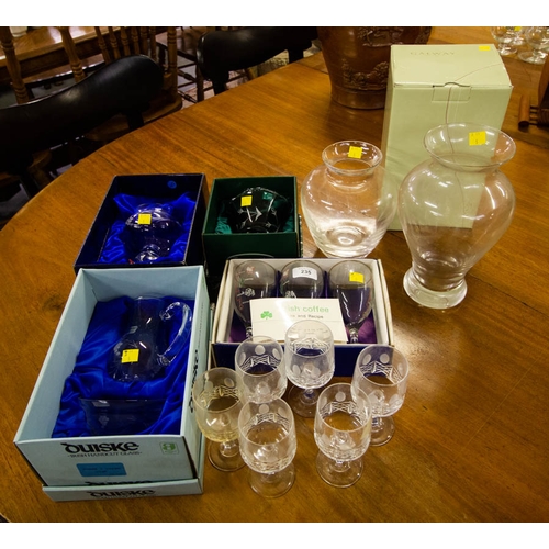 235 - 5 LOTS OF BOXED GLASS + 6 WINE GLASSES + 2 VASES - GALWAY, DUISKE, EAMON GLASS ETC