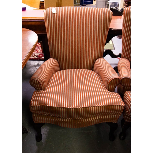 253 - PAIR OF HIGH BACK CHAIRS WITH STRIPED UPHOLSTERY