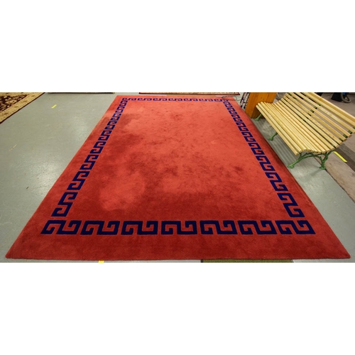 264 - LARGE ROSEPINK FULL PILE WOOL RUG WITH BLUE GRECIAN BORDER RUG.  460 X 335