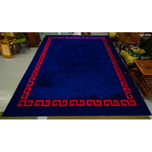 265 - LARGE ROYAL BLUE FULL PILE WOOL RUG WITH RED GRECIAN BORDER RUG. 460 X 360 CM