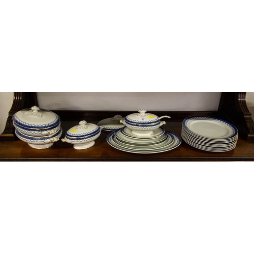 27 - WHITE PART DINER SERVICE WITH BLUE RIM. 11 PLATES , 4 OVAL PLATTERS, + 4 LIDDED TUREENS