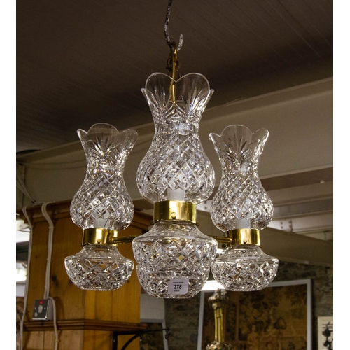 278 - WATERFORD CRYSTAL 3 BRANCH CEILING LIGHT. 50 CM DROP