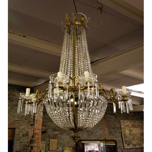 282 - ORNATE FRENCH BRASS & GLASS CENTRE LIGHT. 120 CM DROP