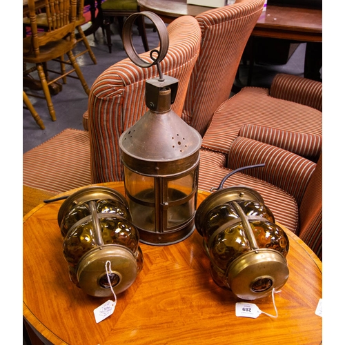 289 - PAIR OF BRASS LANTERNS + COPPER LANTERN - PROCEEDS TO HOSPICE