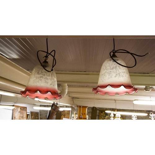 293 - 3 BRASS + RUBY GLASS LIGHT FIXTURES