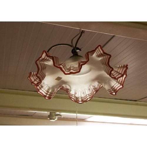 293 - 3 BRASS + RUBY GLASS LIGHT FIXTURES