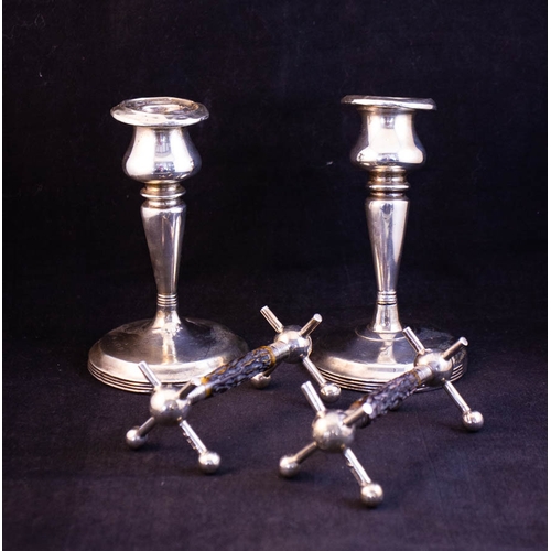 296 - PAIR OF SILVER + BONE KNIFE RESTS + SILVER CANDLE STICK AF