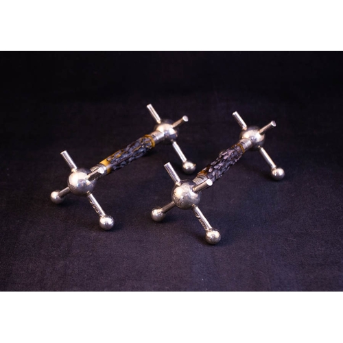 296 - PAIR OF SILVER + BONE KNIFE RESTS + SILVER CANDLE STICK AF