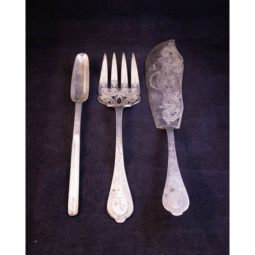 297 - FISH KNIFE + FORK + MARROW SCOOP - NEWCASTLE SILVER CJR 1874 300G