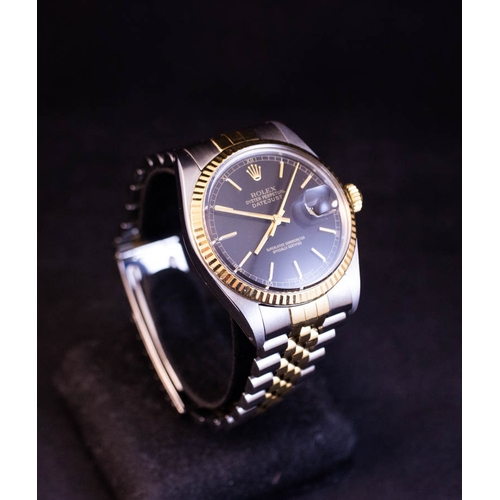 301 - 1980S ROLEX STAINLESS STEEL + GOLD BLACK FACE CHRONOMETER PERPETUAL DATE WATCH - NO BOX OR PAPERS