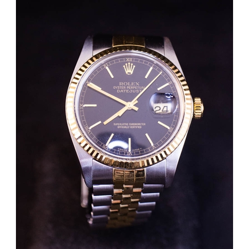 301 - 1980S ROLEX STAINLESS STEEL + GOLD BLACK FACE CHRONOMETER PERPETUAL DATE WATCH - NO BOX OR PAPERS