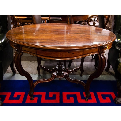 312 - ANTIQUE OVAL ROSEWOOD CENTRE TABLE WITH DRAWER  ON CABRIOLE LEG. 110 X 90CM X 74CM HIGH