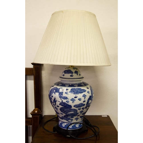 32 - PAIR OF BLUE & WHITE CHINESE STYLE LAMPS WITH WHITE SHADES . 70 CM HIGH