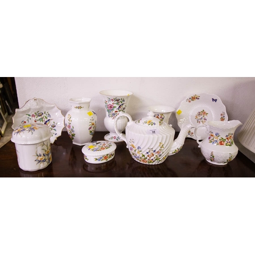 38 - COLLECTION OF AYNSLEY. INC. TEA POT, 3 VASES + DISHES