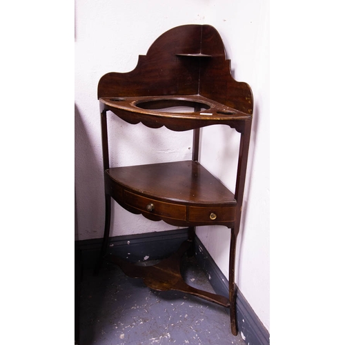 74 - GEORGIAN MAHOGANY CORNER WASHSTAND 60W X  120CM HIGH + BOWL