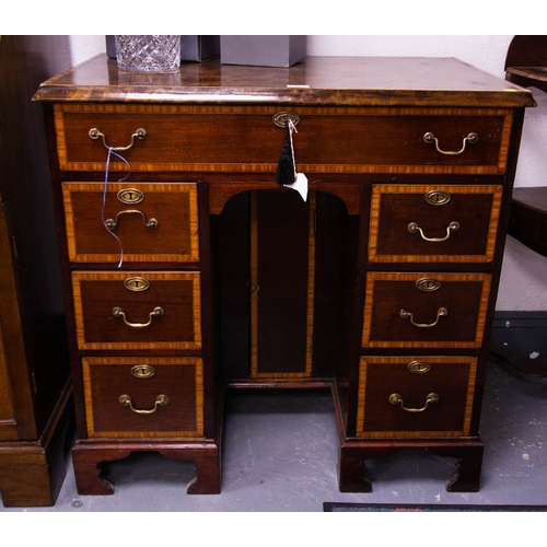 76 - NEAT ANTIQUE INLAID MAHOGANY DESK WITH BRASS HANDLES 88 X 51 X 85H CM