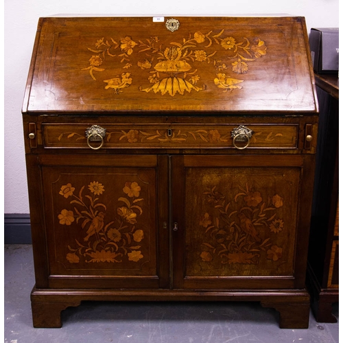 80 - ANTIQUE MAHOGANY MARQUETRY BUREAU WITH CUPBOARD BASE. 90 X 55CM X 110CM HIGH