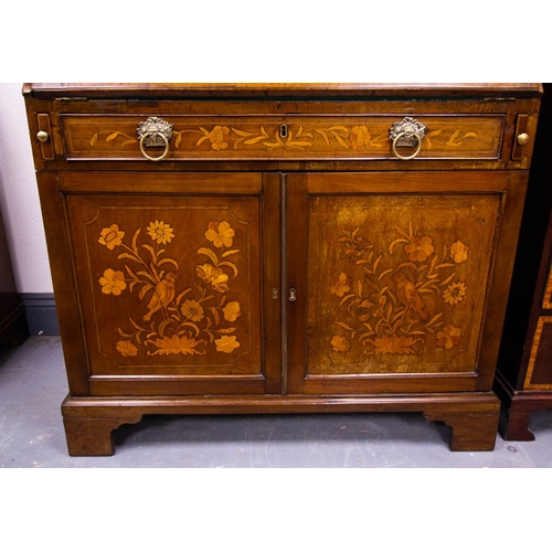 80 - ANTIQUE MAHOGANY MARQUETRY BUREAU WITH CUPBOARD BASE. 90 X 55CM X 110CM HIGH