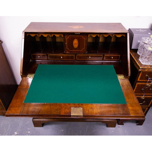 80 - ANTIQUE MAHOGANY MARQUETRY BUREAU WITH CUPBOARD BASE. 90 X 55CM X 110CM HIGH