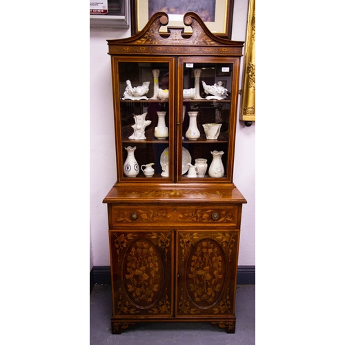QUALITY NEAT MARQUETRY INLAID BOOKCASE WITH GLAZED TOP + CUPBOARD BASE. 75 X 40CM X 180CM HIGH