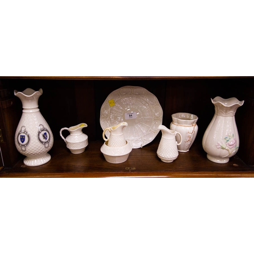 84 - 3 BELLEEK VASES,  3 SMALL JUGS, PLAGE & DISH