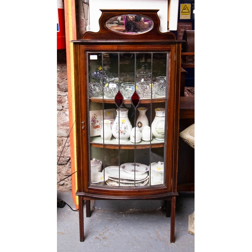 91 - INLAID BOW FRONT DISPLAY CABINET WITH LEADED GLASS. 59 X 30CM X 135CM HIGH