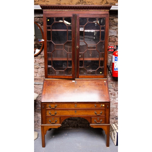 95 - ANTIQUE MAHOGANY BUREAU BOOKCASE. 100 W X 55D X 225CM HIGH