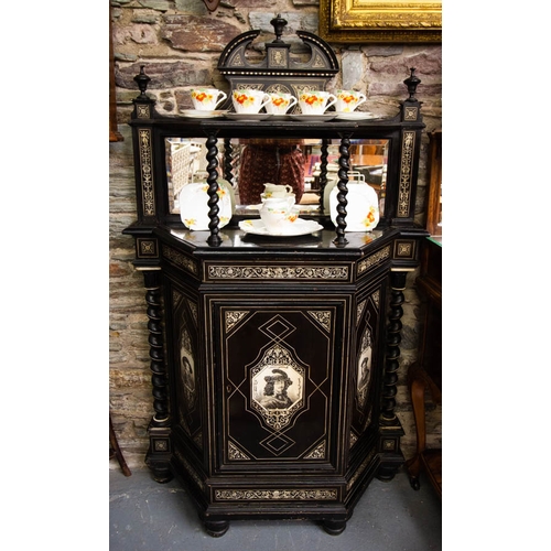 100 - ANTIQUE EBONISED MIRROR BACK CREDENZA WITH INLAY + HAND PAINTED PORTRAITS OF ARTISTS 95W X 40D X 160... 