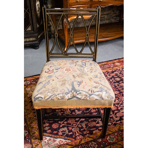 107 - EBONY SIDE CHAIR WITH TAPESTRY TOP UPHOLSTERED SEAT