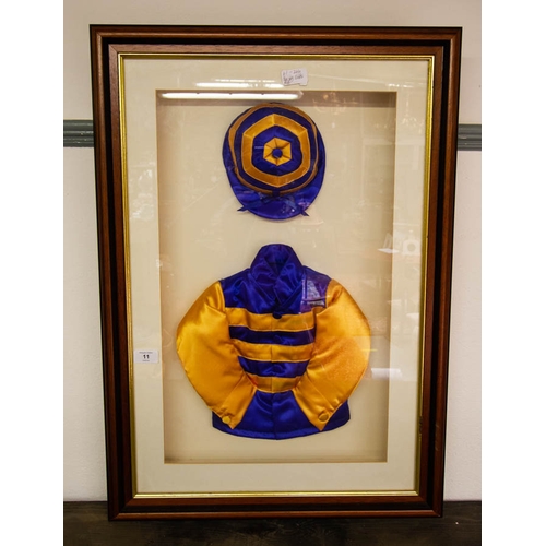 11 - MODEL ROYAL BLUE AND YELLOW FRAMED RACING SILKS 50 X 80H CM