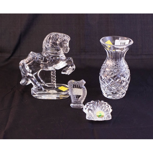 116 - WATERFORD CRYSTAL HORSE, VASE, SHELL + HARP